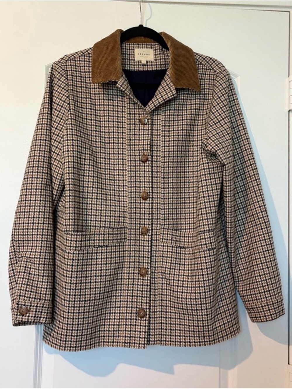 SEZANE Checked Blazer with Corduroy Collar in Tan and Cream - Picture 2 of 8